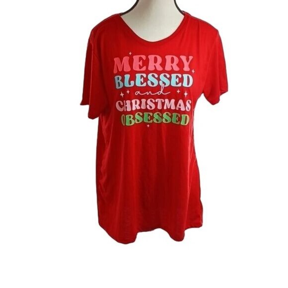 Holiday Time Red Graphic T Shirt Womens Size L Merry Blessed Christmas Obsessed - Picture 1 of 7